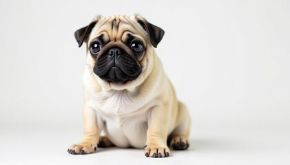 Adorable pug dog sits on white background, looking directly at the camera , breed, companion