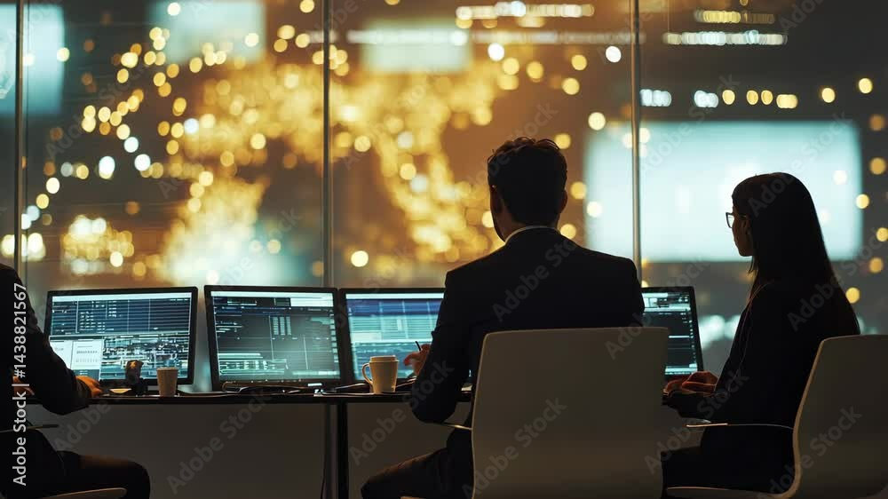 Poster dynamic team analyzing global data in hightech control room