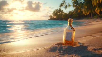 Empty bottle on tropical beach at sunset