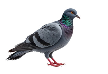 Fototapeta premium Single Feral Pigeon Isolated on White for Urban Wildlife Concepts: Grey Bird with Iridescent Neck Imagery: Pigeon, Feral, Isolated, White, Bird, Wildlife, Urban, Grey, IridescenT PNG.