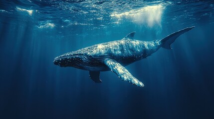Whale swims underwater. Blue sea water with light rays. Marine animal. Gentle giant moving in deep ocean. Wildlife and ocean life.