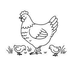 Fototapeta premium Mother hen with chicks walking on grass Line Icon - Simple Vector Outline in minimalistic black and white design