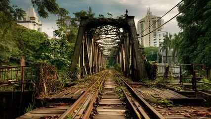 Train tracks surrounded by greenery on an abandoned bridge in a vibrant urban area during overcast weather - Powered by Adobe