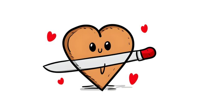 Heart-shaped cartoon drawing being sliced on wooden cutting board for humorous content creation