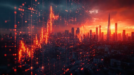 City skyline with financial data overlayed against a dramatic sunset sky.