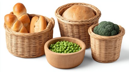 Assorted baskets of fresh baked bread green peas and rustic loaf arranged isolated on white background showcasing agriculture food production sustainable rural farming and organic produce nutrition