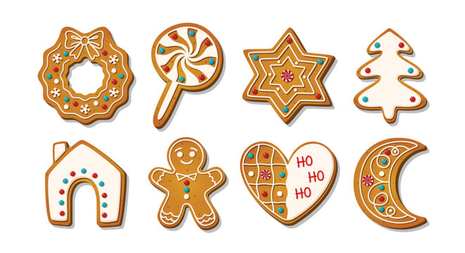 Christmas Gingerbread cookies for celebrating xmas. Winter homemade cakes in festive shapes isolated on white background. Cute childish cartoon vector illustration