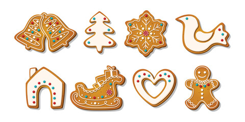 Christmas Gingerbread cookies for celebrating xmas. Winter homemade cakes in festive shapes isolated on white background. Cute childish cartoon vector illustration