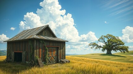 Obraz premium Old barn in golden field with large oak tree and fluffy clouds against blue sky
