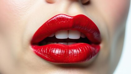 Fototapeta premium Close-up vibrant red lips, stark white backdrop, cosmetics, red lips