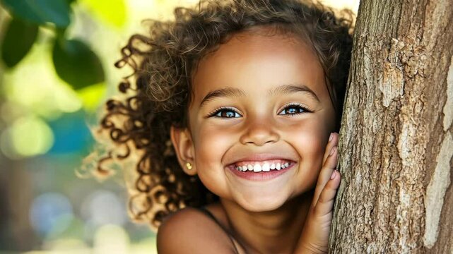 A joyful girl with a big grin peeks around a tree, her eyes filled with curiosity and excitement for a hidden surprise.