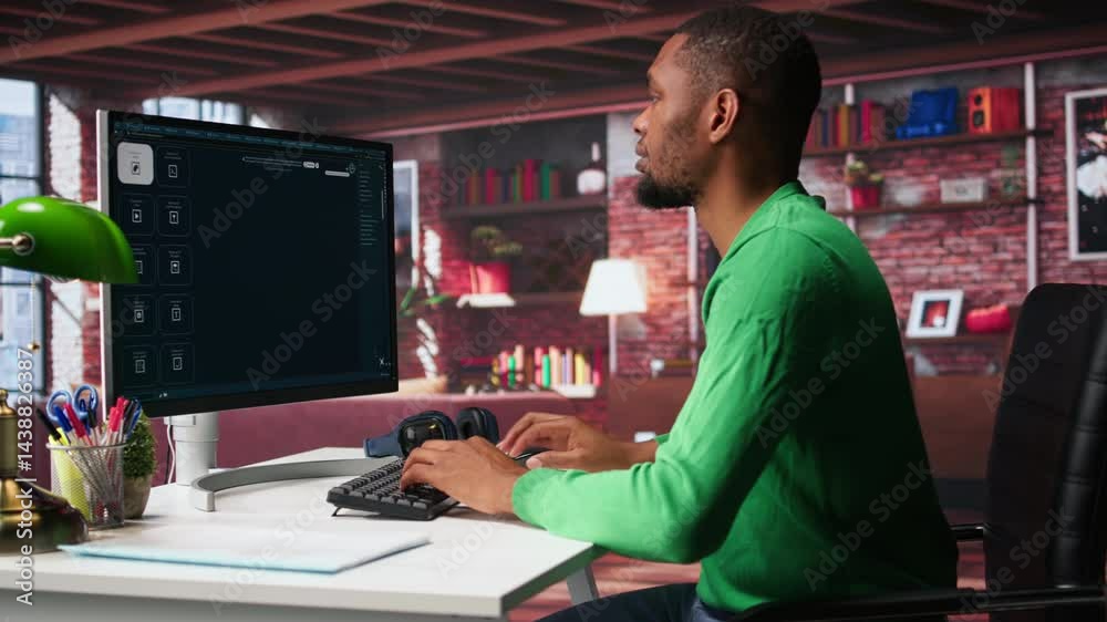 Fototapete Black guy using text to image AI chat software at his modern loft. Digital screen shows generative content via neural networks, enhancing predictive models and visualized data. Camera B.