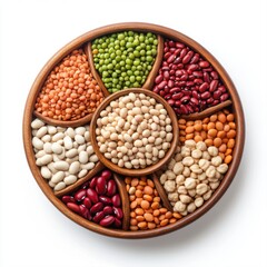 Fototapeta premium Assortment of Colorful Dried Legumes in Decorative Wooden Plate Arrangement