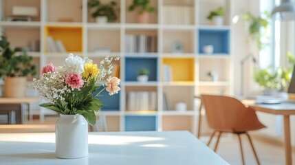 Flowers in vase on table, home office background