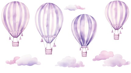 Collection of colorful striped hot air balloons floating among fluffy clouds