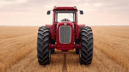 Fototapeta premium Red tractor driving through golden wheat field under clear sky symbolizing harvest season rural agriculture grain production and traditional farming techniques in countryside