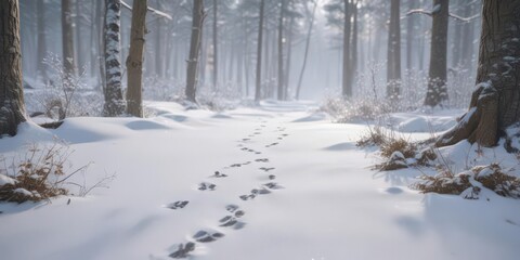 Obraz premium Crisp snow reveals delicate fox paw prints in a serene winter forest , scene, trail, canid