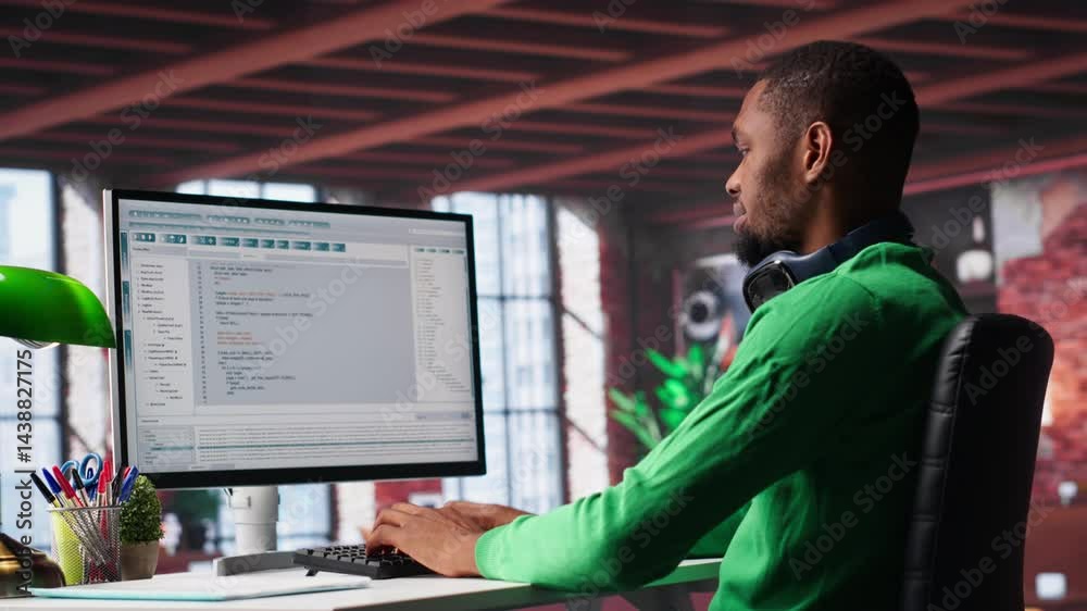 Fototapete Tech savvy black engineer developing secure online program at home. Surrounded by binary data, freelancer works on interface design, script optimizations and network systems. Camera A.