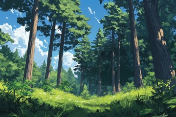 Lush forest path under sunny sky