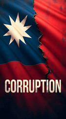 A haunting digital piece of Taiwan's flag in decay, its blue and red hues worn. The shattered "CORRUPTION" text looms, while grunge textures and moody lighting evoke decline.