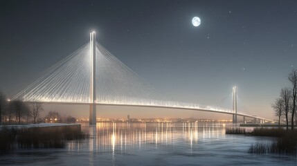 Obraz premium Illuminated cable bridge at night, river, winter