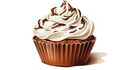 Delicious Chocolate Cupcake with Cream Hand-Drawn in Watercolor Style for Food and Bakery Themes