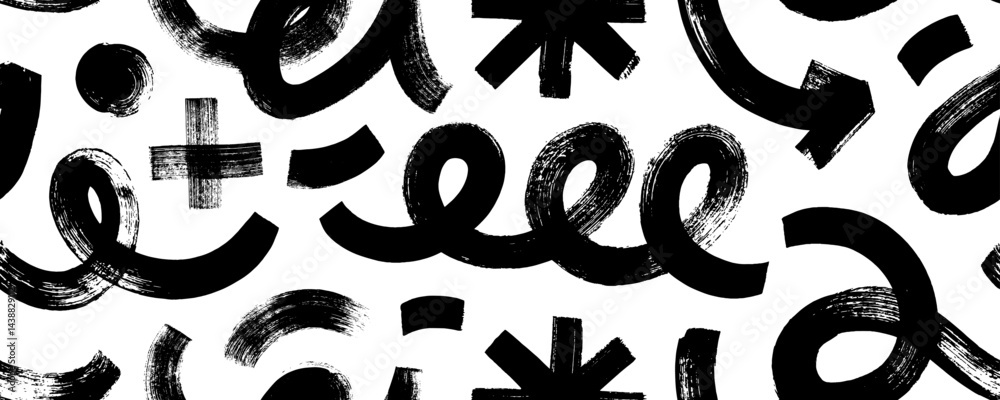 Poster bold brush drawn geometric shapes and squiggle lines seamless pattern. doodle grunge background with