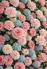 Naklejka premium Soft pastel artificial flower wall; roses, peonies, hydrangeas Vintage style , hydrangeas, boheme, pastel flowers