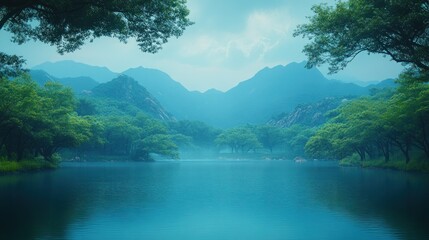 Misty mountain river, serene landscape, tranquil background, nature scene, travel poster