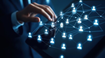 Businessman connects online network, digital data, dark background, networking concept