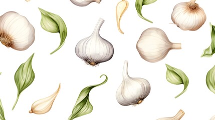 Professional seamless pattern with fresh garlic on white background for culinary designs