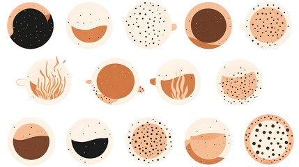 Collection of Abstract Tea, Coffee, and Chocolate Juice Round Labels for Beverages
