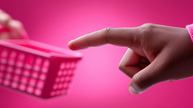 Konzeptfoto mit Hand, die auf einen kleinen rosa Einkaufskorb vor pinkem Hintergrund zeigt - Symbolbild f&uuml;r Online-Shopping und E-Commerce