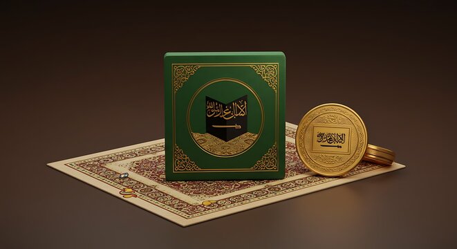 Book and Coin on Rug, Islamic Design Illustration
