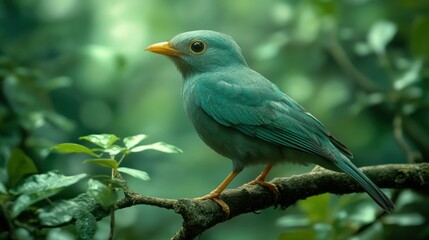 Obraz premium Teal bird perched, jungle foliage, calm, nature poster