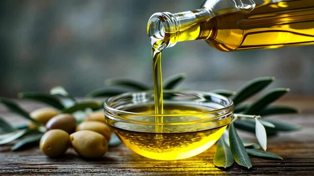 Pouring Fresh Golden Olive Oil from Bottle into Bowl with Olives and Leaves