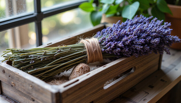 Lavender bouquet arranged in rustic wooden box against window   - Powered by Adobe