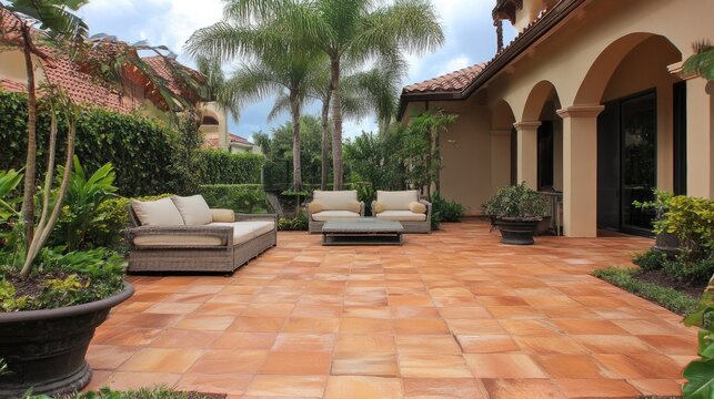 Earth tone patio with terracotta tiles, beige cushions, and natural stone elements