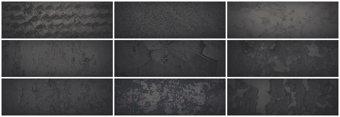 Set of dark panoramic background textures. Collection of wide textures with peeling paint, cracks,...