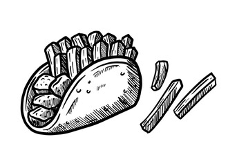 Hand draw vector illustration of Burrito with fried potatoes, typical mexican food 