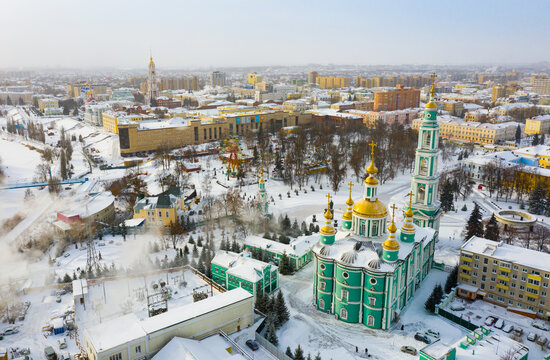 Winter view from a drone of the Spaso-Preobrazhensky Cathedral in the city center and residential areas in ..Tambov, Russia