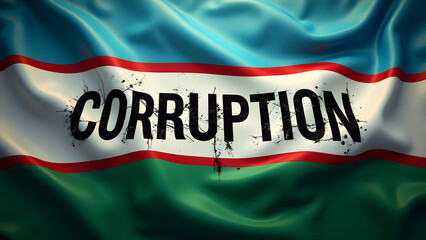 Central Asian symbolism showing Uzbekistan's flag in deterioration. Faded blue and green elements contrast with shattered "CORRUPTION" text. Sandy textures and dramatic lighting create compelling narr