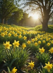 Obraz premium Sunlit daffodils burst forth in a vibrant yellow against a lush green field , bloom, macro, day