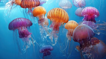 Fototapeta premium Vibrant jellyfish swarm in an underwater realm.