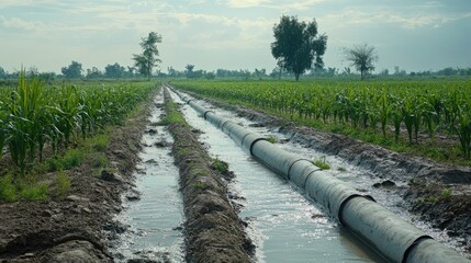 Water flowing from main pipe into sub pipes for crop irrigation in farmland