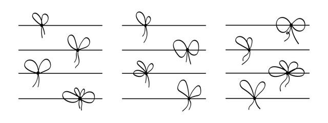 Lines with bows for gift packaging. Set of strips with coquette knots for present boxes isolated on white background. Doodle decorative elements for festive cards or banners. Vector illustration.