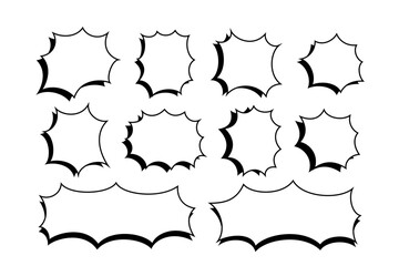 Set of empty speech bubbles in manga style. Cartoon dialogue frames. Empty text boxes, message balloons, emphasis, bang or explosion comic effects for anime book page. Vector graphic illustration.