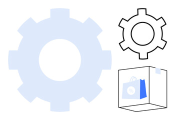 Large gear silhouette, outlined gear, shopping bag with discount sign in transparent box. Ideal for business, e-commerce, innovation, shopping, discounts, logistics simple landing page