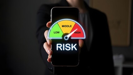 Businessman holding smartphone with risk level indicator rating since low to high for Risk management and assessment concept.