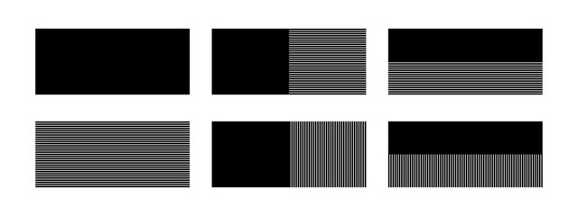 Set of black whole, streaked and half-striped rectangle geometric shapes isolated on white background. Blinds or shutters silhouette. Minimalistic design elements. Vector graphic illustration.